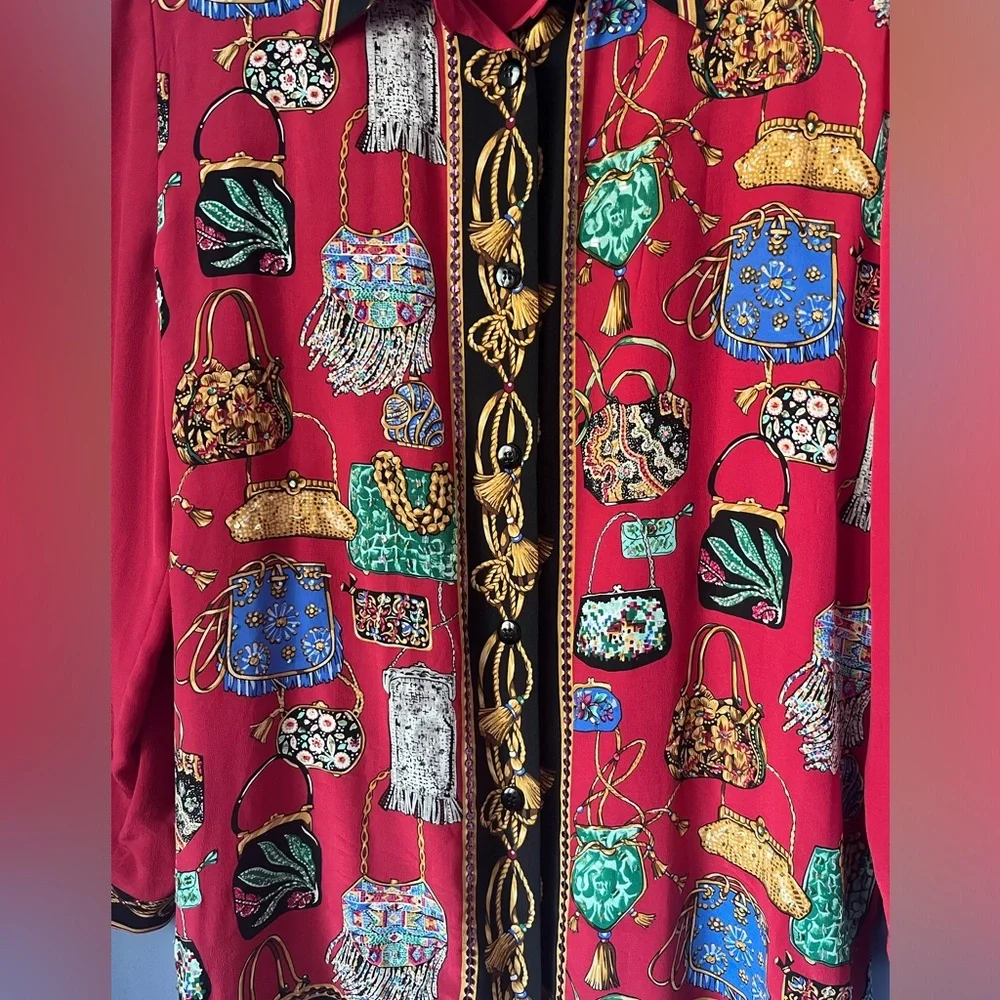 Vintage Diane Gilman Silk Beaded Button Up Collard Blouse Top Shirt Large - Picture 3 of 5